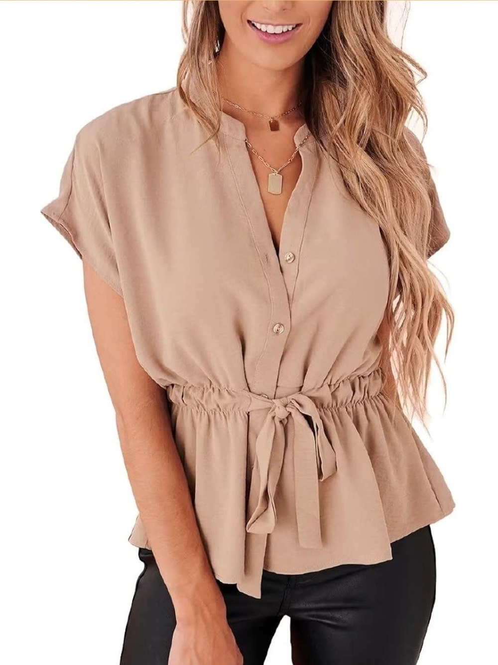Cicibird Tie-Waist Button Front Blouse in Beige
